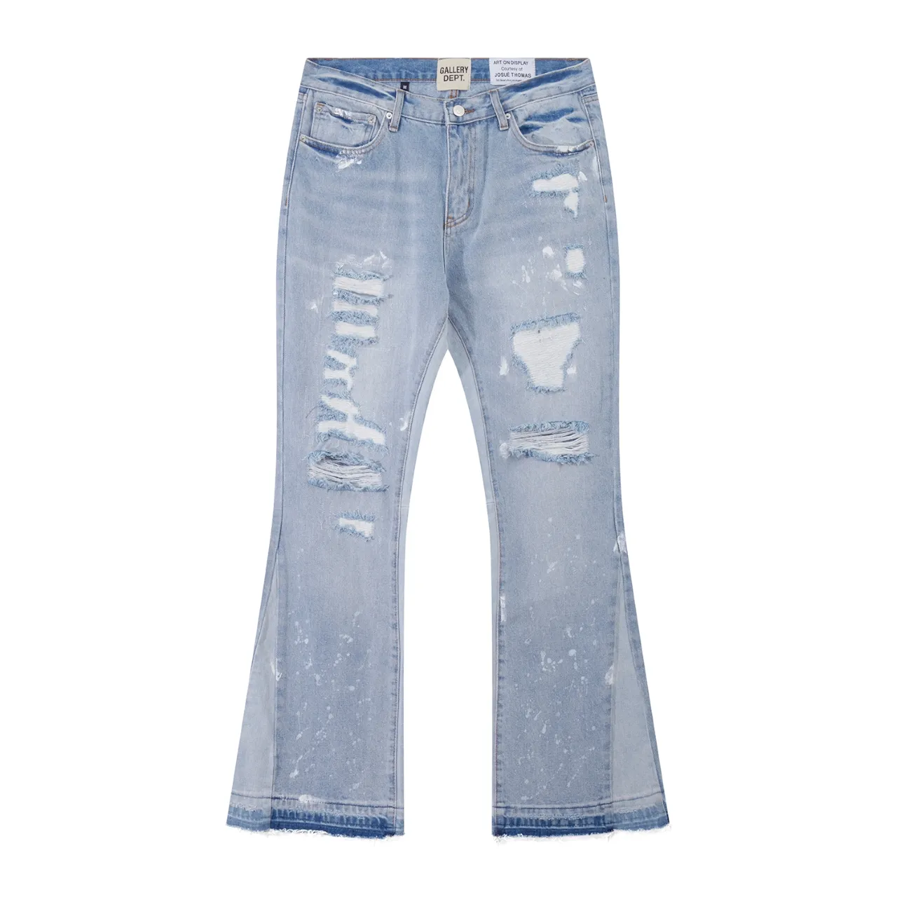 p270 647#Gallery Dept New Washed Blue Destroyed Hole Embroidery Patch Hand-painted Splashed Ink Splicing Micro-Large Jeans Heavy Industry Ox King American High Street Casual Pants Washed Blue S~XL